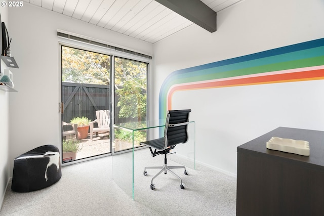 carpeted office space featuring baseboards, wooden ceiling, and beam ceiling
