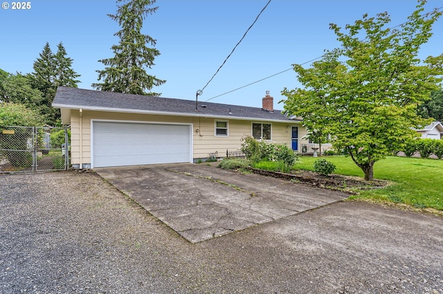 157 NE 11th Dr, Hillsboro, OR 97124 - ranch-style house featuring concrete driveway, a chimney, a garage, and a gate