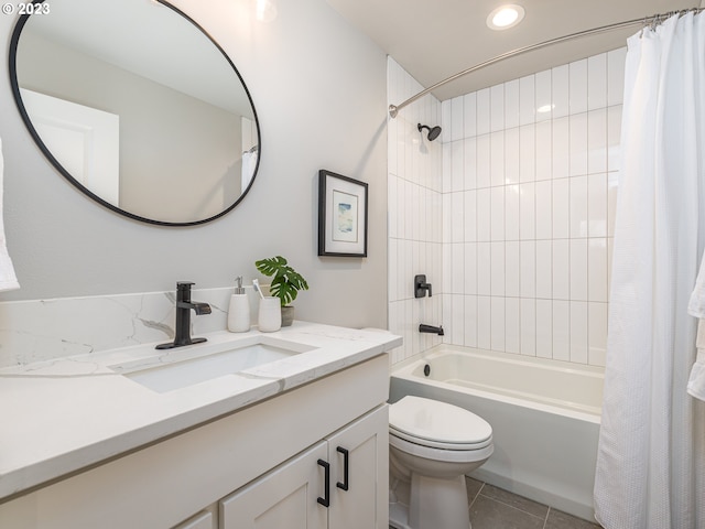 bathroom with shower / bath combo with shower curtain, toilet, recessed lighting, tile patterned flooring, and vanity