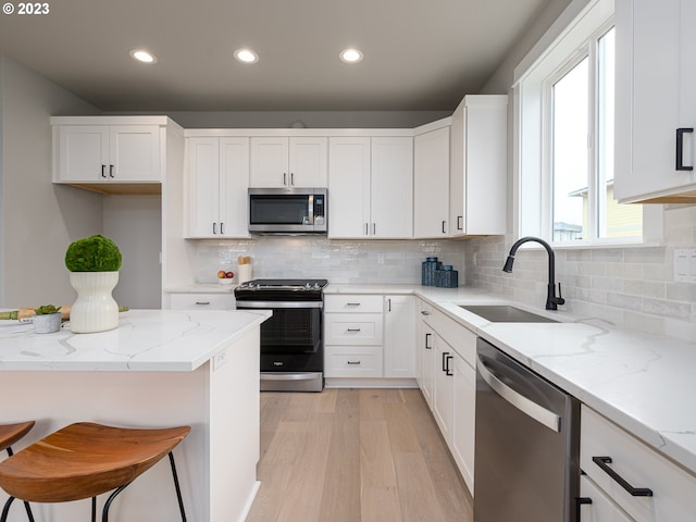 kitchen featuring a sink, stainless steel appliances, light stone countertops, and white cabinets