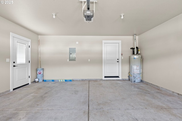 garage with secured water heater, electric panel, baseboards, and a garage door opener