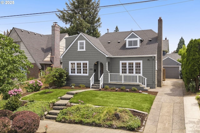 view of front facade featuring a garage, an outdoor structure, and a front yard