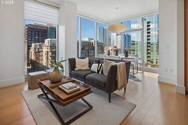 living area with wood finished floors, a view of city, baseboards, and expansive windows