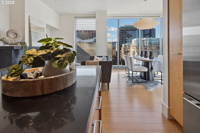 interior space featuring light wood finished floors, floor to ceiling windows, and a view of city