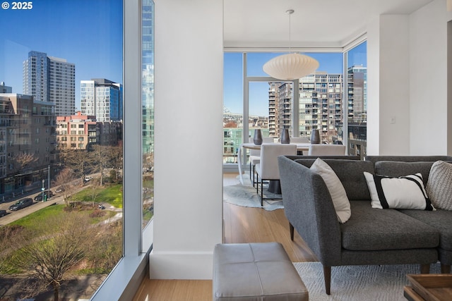 living area featuring a wall of windows, a city view, and wood finished floors