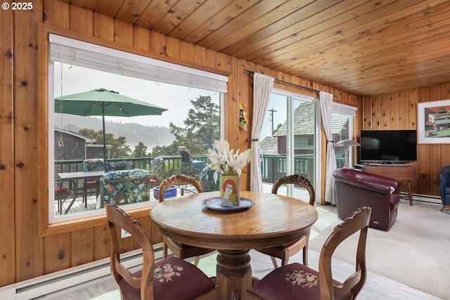 4345 Salem Ave, Neskowin, OR 97149 - dining area with wooden walls, a baseboard radiator, a baseboard heating unit, wood ceiling, and carpet floors
