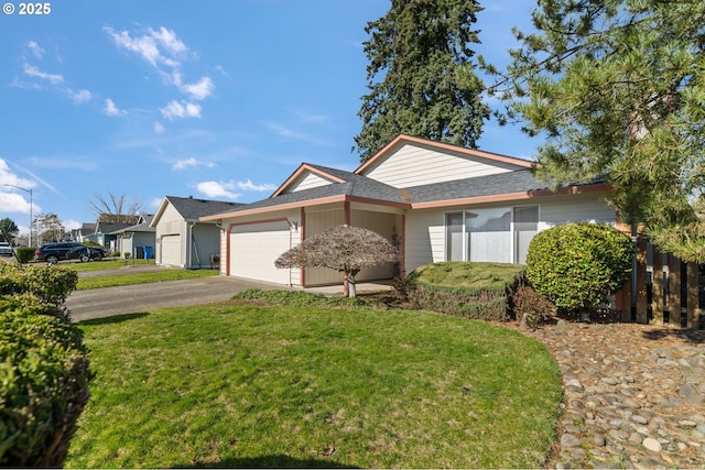 ranch-style home featuring a front lawn, driveway, a shingled roof, and an attached garage