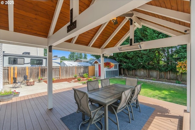 1133 7th St, Lafayette, OR 97127 - wooden deck featuring outdoor dining space, a fenced backyard, and a storage shed
