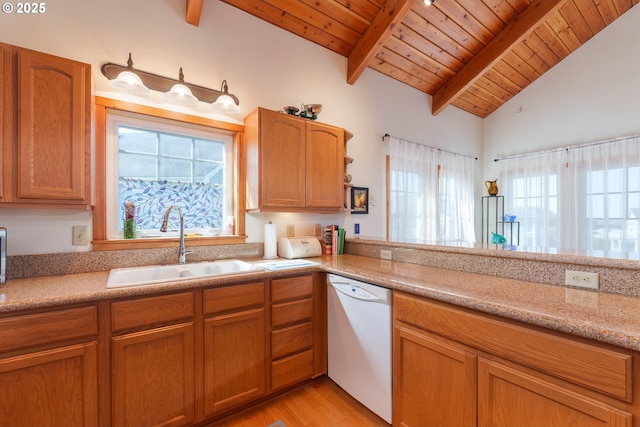 1327 Village Loop, Bandon, OR 97411 - kitchen featuring lofted ceiling with beams, wood ceiling, light countertops, a sink, and white dishwasher