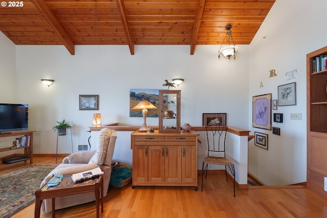 1327 Village Loop, Bandon, OR 97411 - sitting room featuring visible vents, baseboards, lofted ceiling with beams, light wood-type flooring, and wood ceiling
