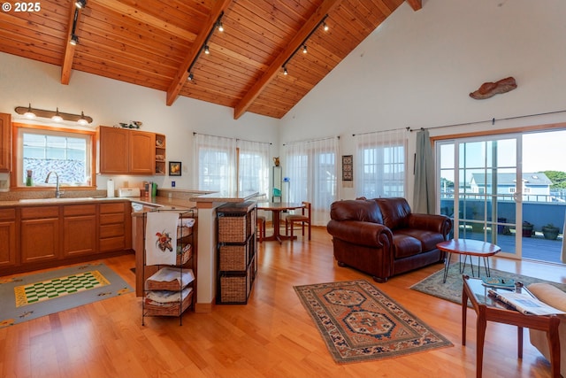 1327 Village Loop, Bandon, OR 97411 - kitchen featuring light wood-style floors, wooden ceiling, a sink, and open shelves
