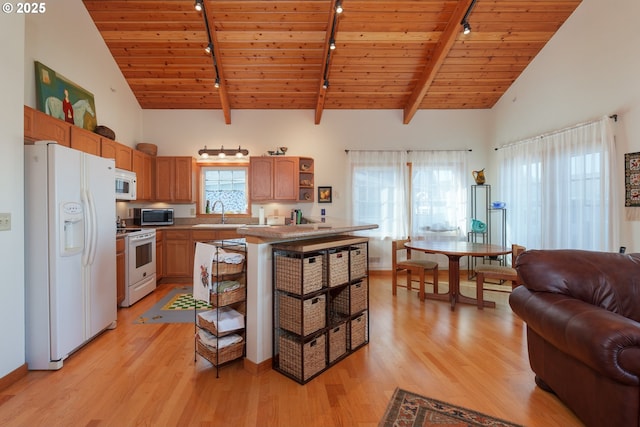 1327 Village Loop, Bandon, OR 97411 - kitchen featuring open shelves, wooden ceiling, white appliances, beam ceiling, and light wood-style flooring