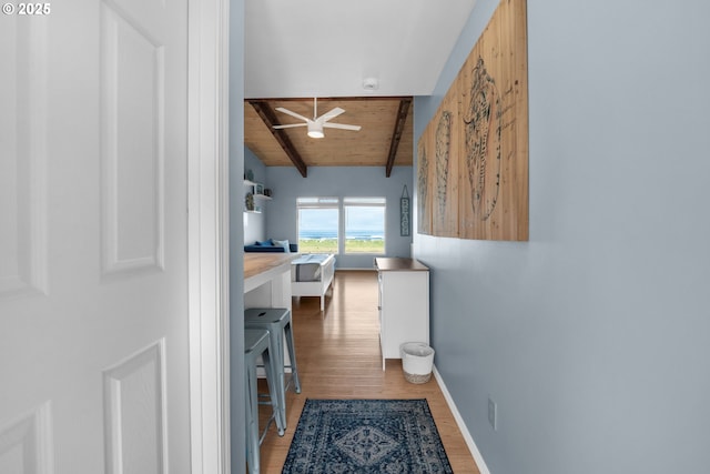 2316 Beach Dr Unit 157, Seaside, OR 97138 - laundry area featuring washing machine and dryer, wood finished floors, a ceiling fan, and wood ceiling
