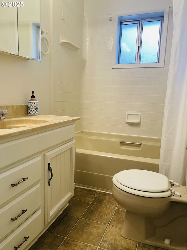 bathroom featuring tile patterned floors, shower / bathtub combination with curtain, toilet, and vanity