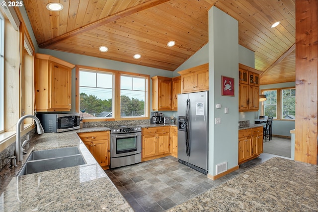 kitchen with lofted ceiling, recessed lighting, wooden ceiling, a sink, and appliances with stainless steel finishes