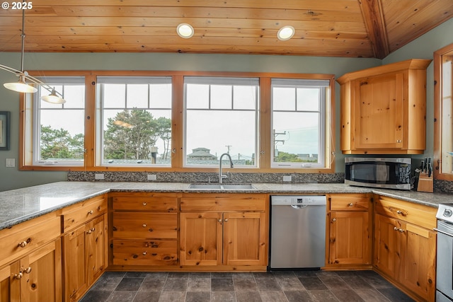 kitchen featuring a sink, stone countertops, stainless steel appliances, decorative light fixtures, and wood ceiling