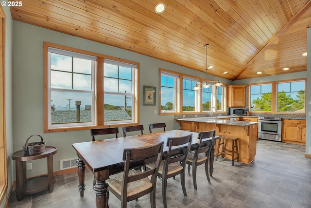 dining area featuring recessed lighting, visible vents, wooden ceiling, and stone finish floor