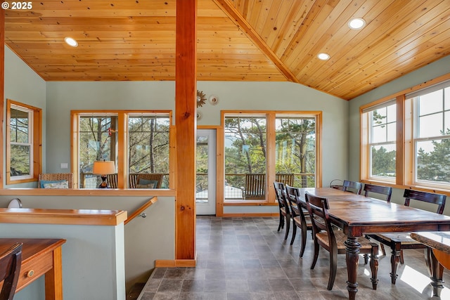 dining room with recessed lighting, wooden ceiling, and lofted ceiling