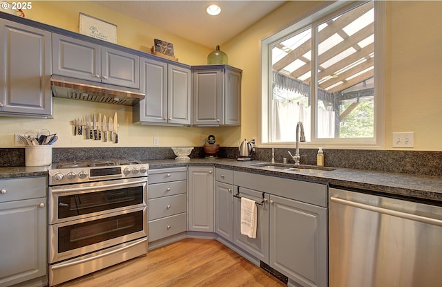 688 53rd St, Washougal, WA 98671 - kitchen featuring stainless steel appliances, a sink, gray cabinetry, under cabinet range hood, and recessed lighting
