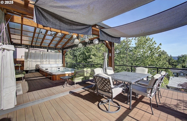 688 53rd St, Washougal, WA 98671 - deck with a covered hot tub, outdoor dining space, and a pergola