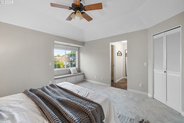 15421 SW Thurston Ln, Portland, OR 97224 - carpeted bedroom with baseboards, a closet, ceiling fan, and vaulted ceiling