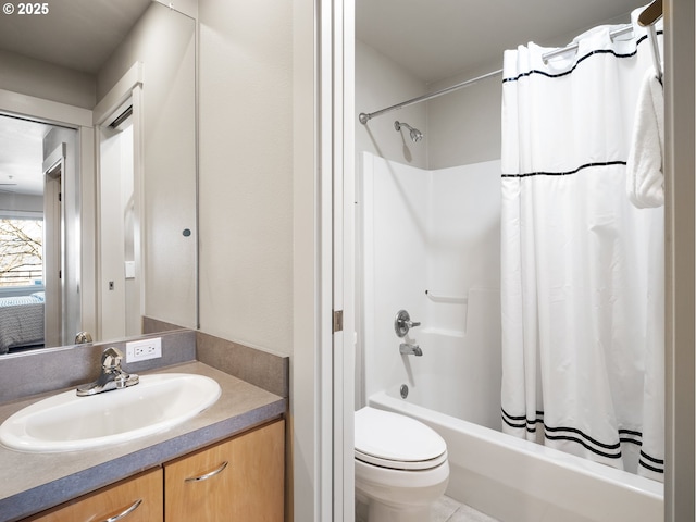 bathroom with toilet, shower / bathtub combination with curtain, and vanity