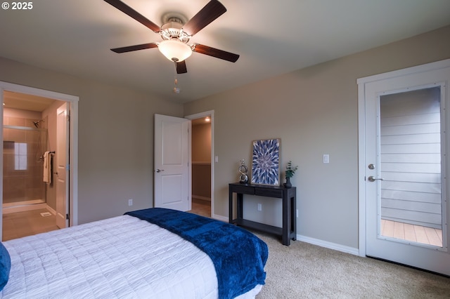 carpeted bedroom featuring connected bathroom and ceiling fan