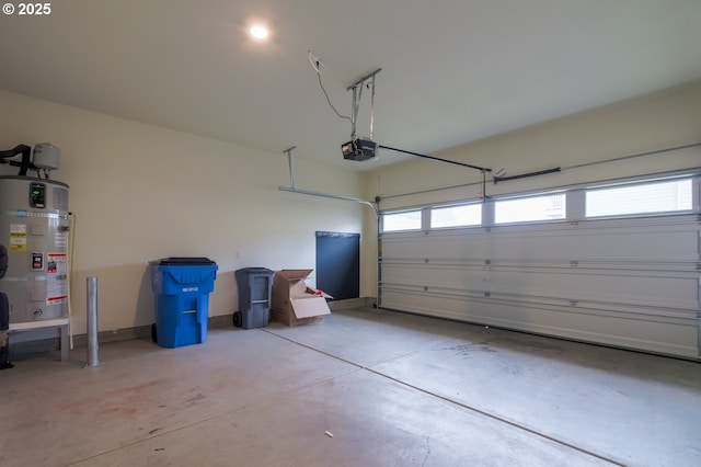 garage with a garage door opener and water heater