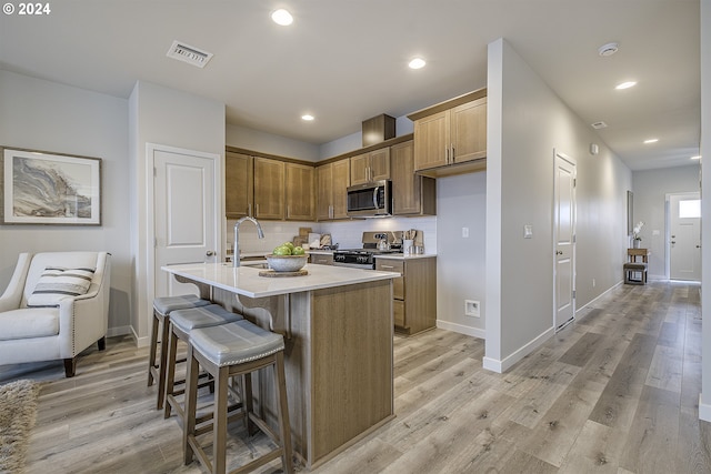 kitchen featuring sink, a center island with sink, stainless steel appliances, light hardwood / wood-style floors, and decorative backsplash