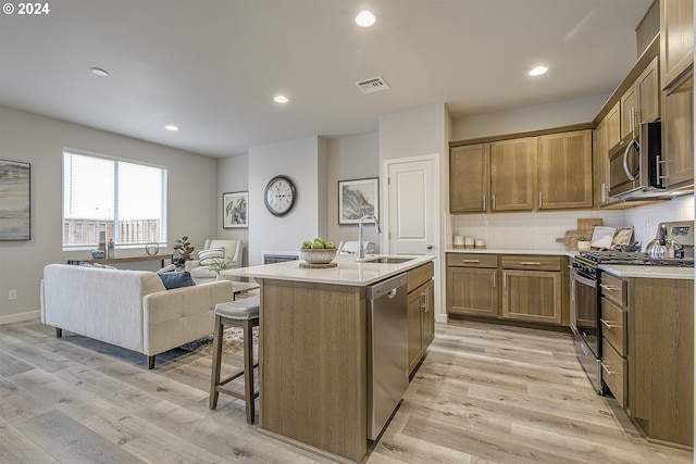 kitchen featuring an island with sink, sink, backsplash, stainless steel appliances, and light wood-type flooring