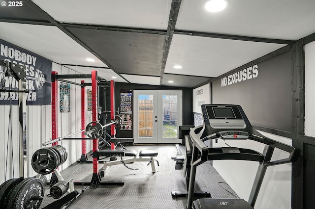 workout room with recessed lighting and french doors