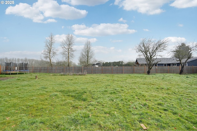 view of yard featuring a fenced backyard and a trampoline