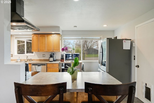 kitchen with light brown cabinets, a sink, appliances with stainless steel finishes, wall chimney exhaust hood, and light countertops