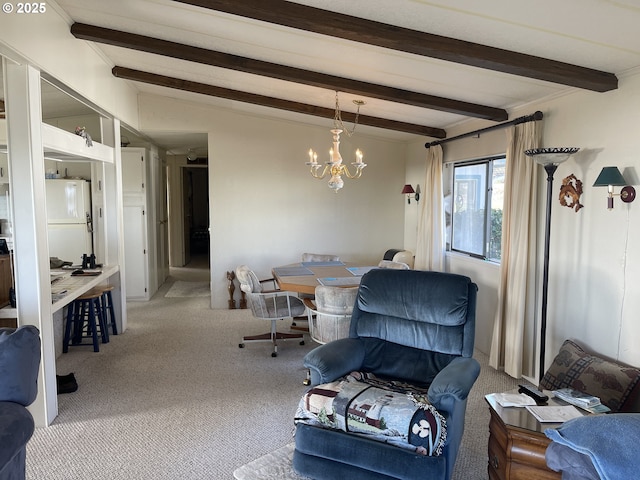 dining area with a notable chandelier, lofted ceiling with beams, and carpet floors