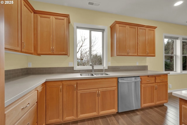 6018 Fernhill Loop, Springfield, OR 97478 - kitchen with stainless steel dishwasher, a sink, healthy amount of natural light, dark wood-style floors, and recessed lighting