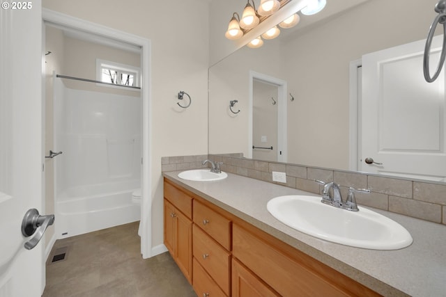 6018 Fernhill Loop, Springfield, OR 97478 - full bath featuring double vanity, tub / shower combination, toilet, and decorative backsplash