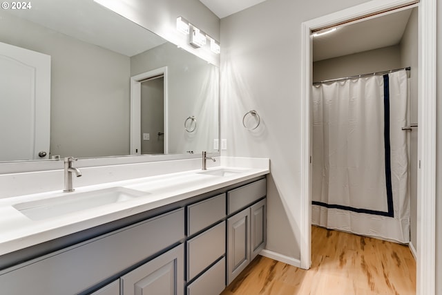 bathroom with hardwood / wood-style floors and vanity