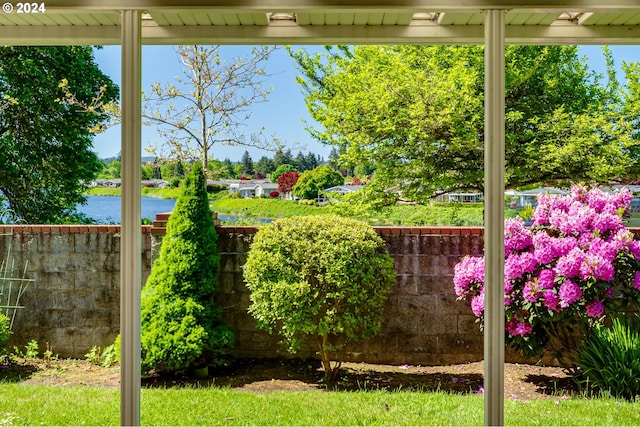 view of yard with a water view