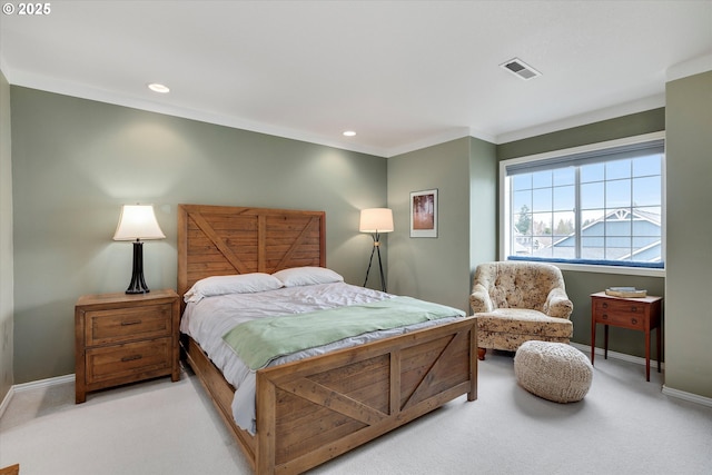 carpeted bedroom featuring baseboards, visible vents, ornamental molding, and recessed lighting