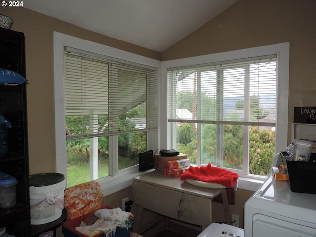 interior space featuring washer / clothes dryer, vaulted ceiling, and a healthy amount of sunlight