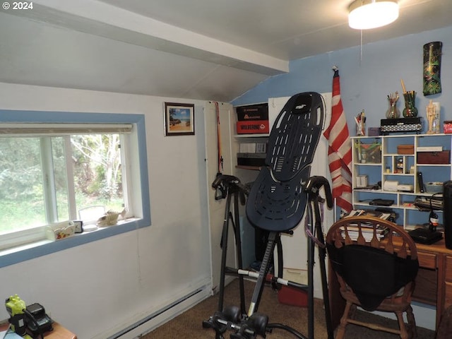 exercise area with a baseboard heating unit, vaulted ceiling, and carpet