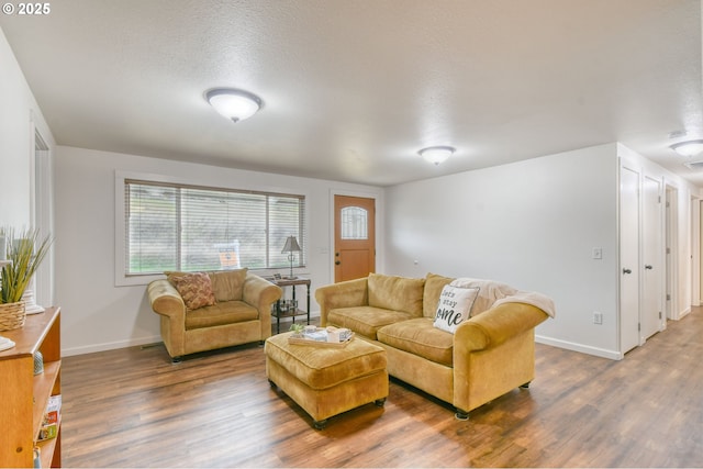 living area with a textured ceiling, baseboards, and wood finished floors