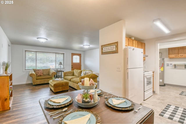 living area featuring baseboards, electric water heater, and light wood finished floors