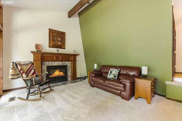 3820 Kenthorpe Way W, Linn, OR 97068 - carpeted living area with beam ceiling, a high end fireplace, and baseboards