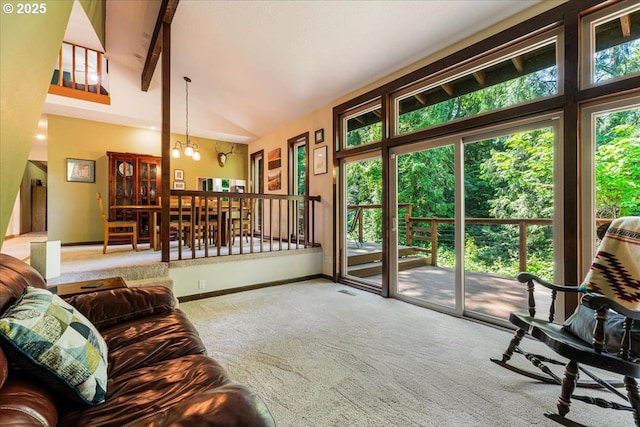 3820 Kenthorpe Way W, Linn, OR 97068 - living room with carpet, a chandelier, beamed ceiling, high vaulted ceiling, and baseboards