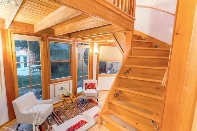 37459 Boulder Flat Ln, Halfway, OR 97834 - stairs with wooden ceiling with exposed beams