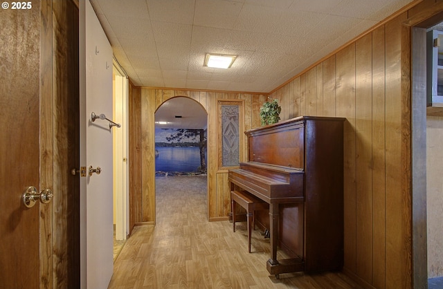 miscellaneous room featuring wooden walls and light wood-type flooring