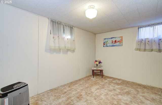 basement featuring heating unit and carpet flooring