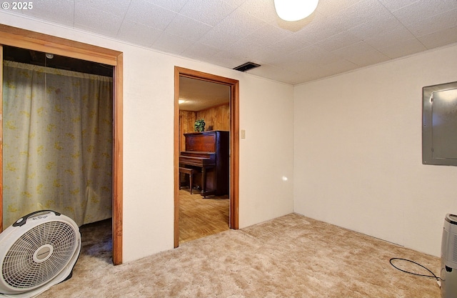 interior space featuring light colored carpet and electric panel