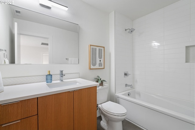 full bath featuring vanity, visible vents, shower / tub combination, and toilet